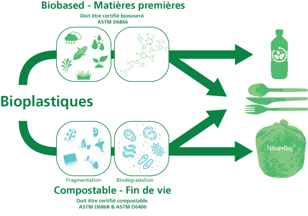 Bioplastiques 101. Les bioplastiques sont classés dans deux catégories : biosourcés et compostables.